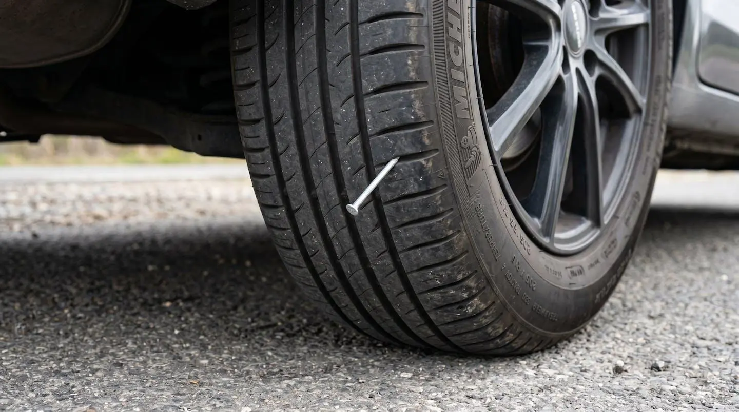 Gros plan d'un pneu de voiture avec un clou métallique enfoncé dans la bande de roulement, sur une route goudronnée