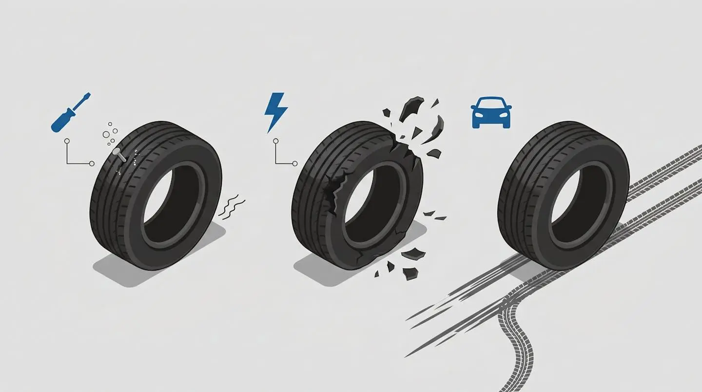 Illustration isométrique de trois pneus représentant les trois types d'incidents : crevaison avec clou, éclatement de flanc, et accident avec trace de freinage.