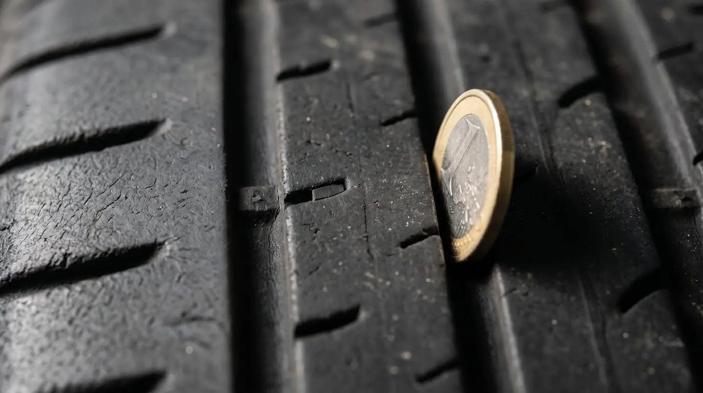 Macro d'un pneu usé montrant le témoin d'usure affleurant la bande de roulement, avec une pièce de 1 euro insérée dans la rainure