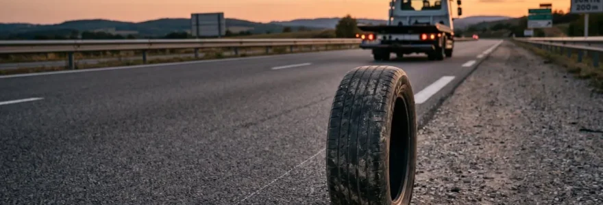 Un pneu légèrement dégonflé sur la bande d'arrêt d'urgence d'une autoroute au crépuscule, avec une dépanneuse s'éloignant en arrière-plan.