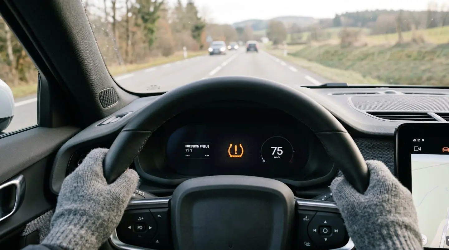 Tableau de bord d'une voiture avec le voyant de pression pneu et assistance allumés, mains du conducteur sur le volant.
