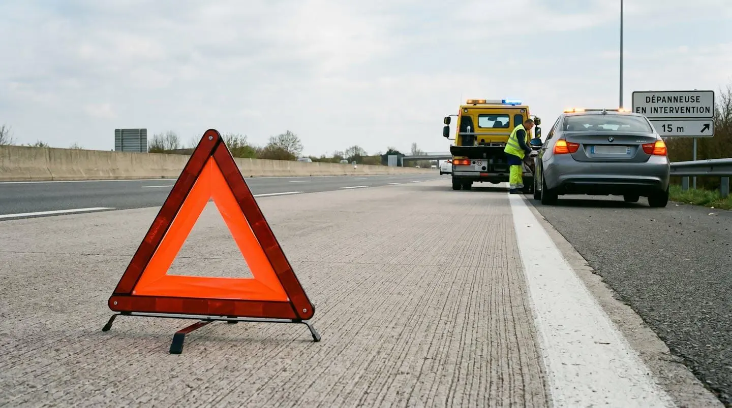 Triangle de signalisation déployé sur une autoroute avec une dépanneuse intervenant en arrière-plan pour assistance routière